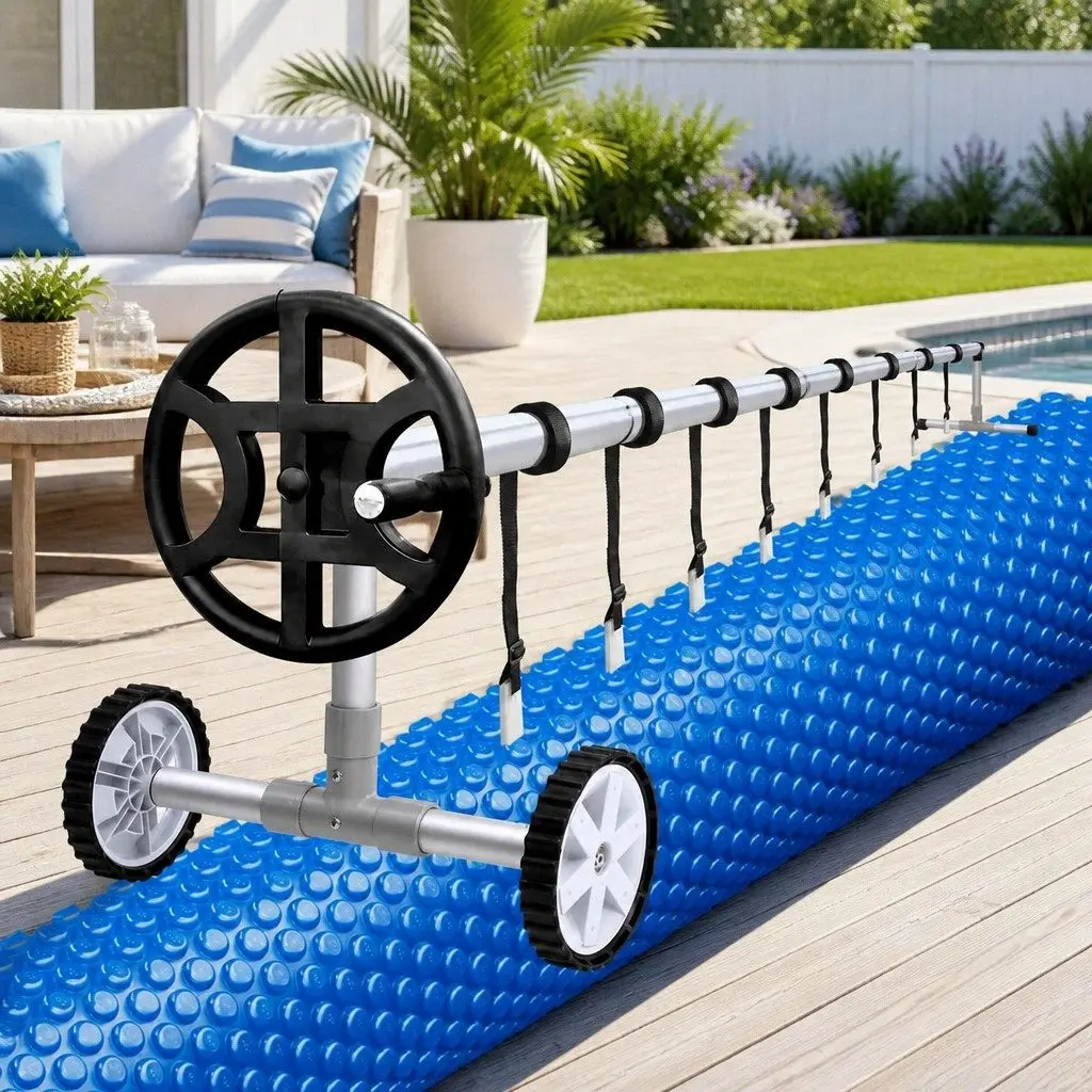 Pool Cover 7x4m Solar Blanket 600 Micron with Aluminium Roller Crank Wheel