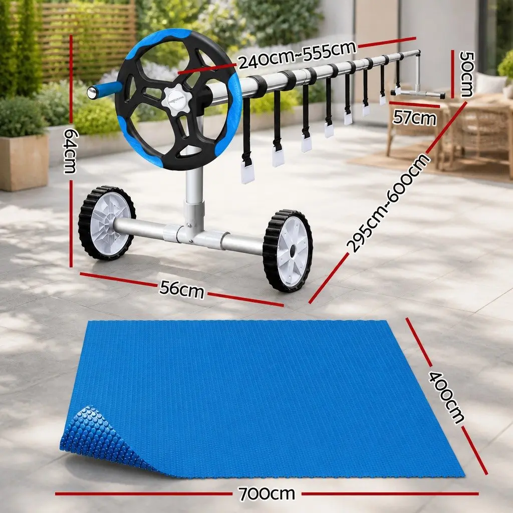 Pool Cover Solar Blanket 7x4m Blue 600 Micron with Aluminium Roller Crank System