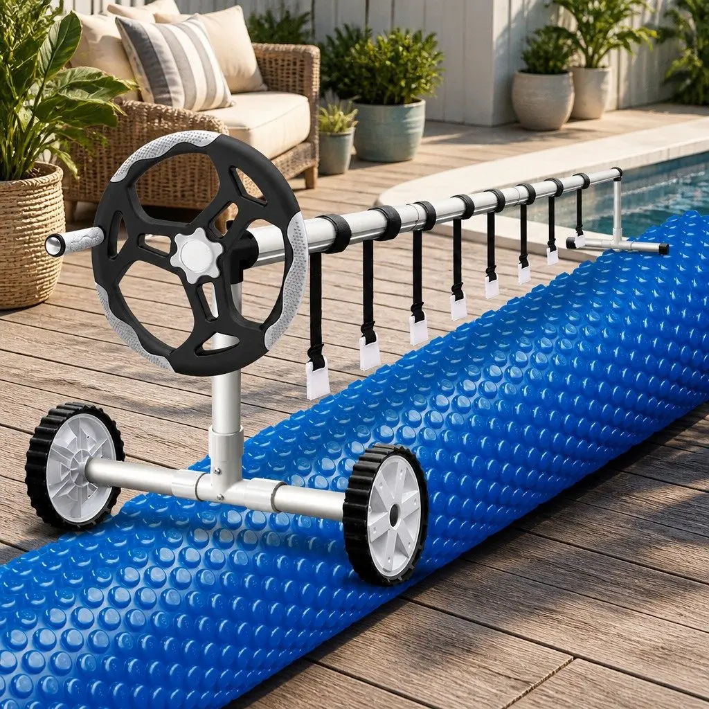 Solar Pool Cover 7x4m 600 Micron with Aluminium Roller 5.55m Adjustable Swimming