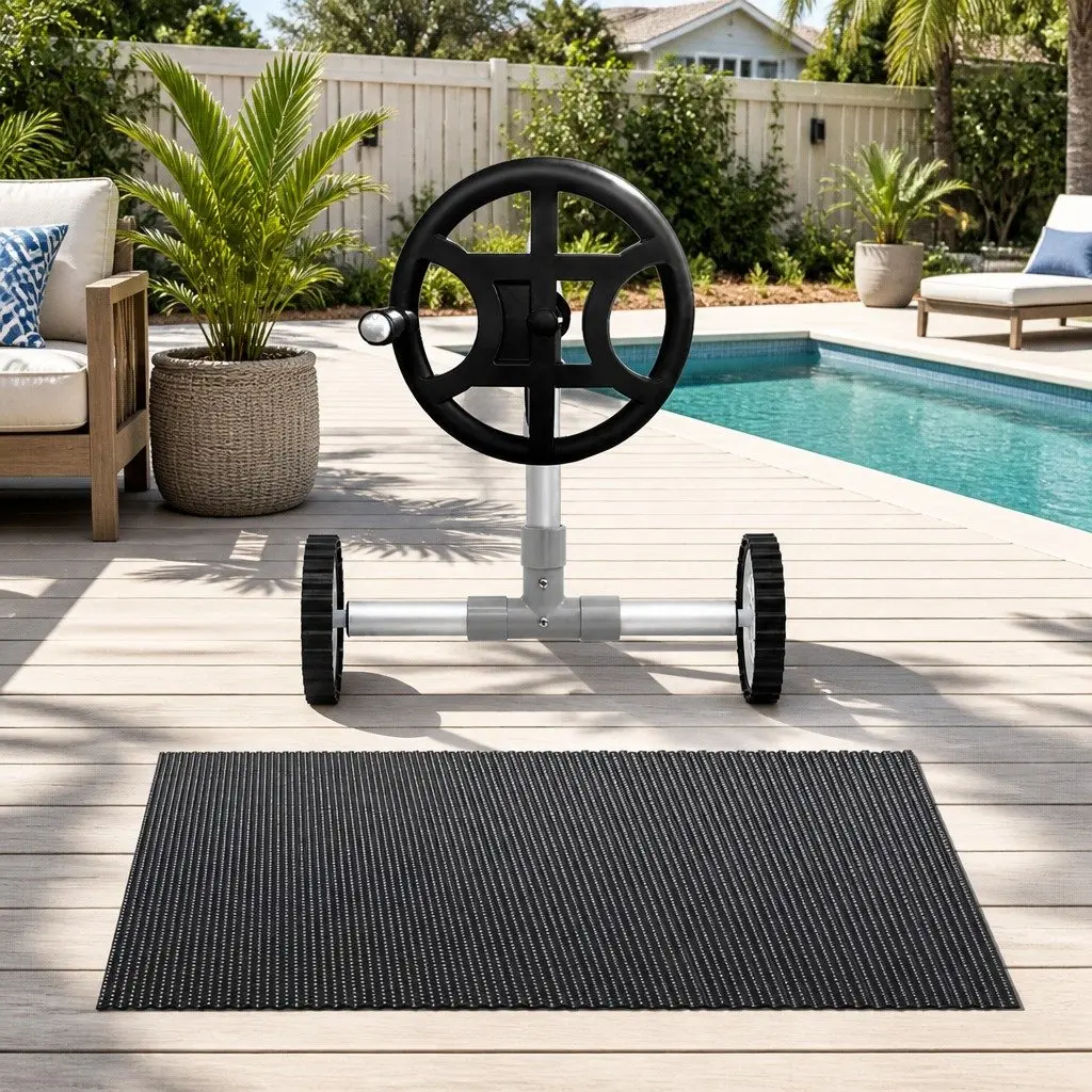 Pool Cover 7x4m 600 Micron Solar Blanket with Aluminium Roller Crank Black Blue