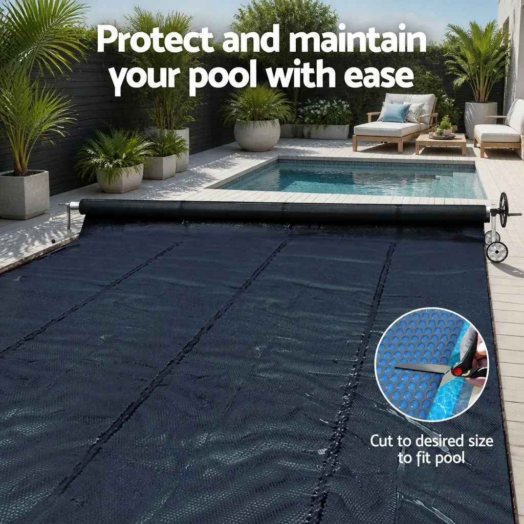 Pool Cover 7x4m 600 Micron Solar Blanket with Aluminium Roller Crank Black Blue
