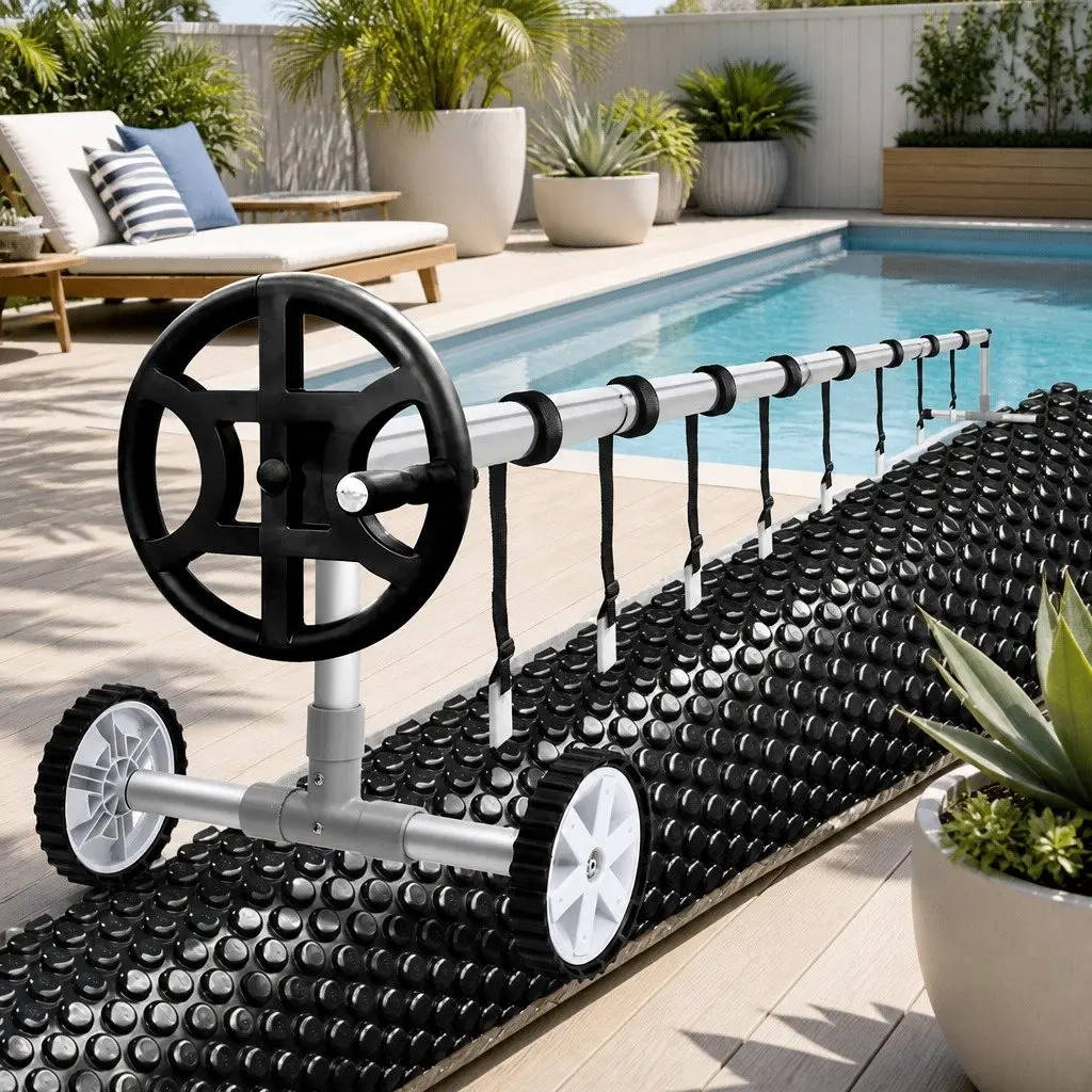 Pool Cover 7x4m 600 Micron Solar Blanket with Aluminium Roller Crank Black Blue