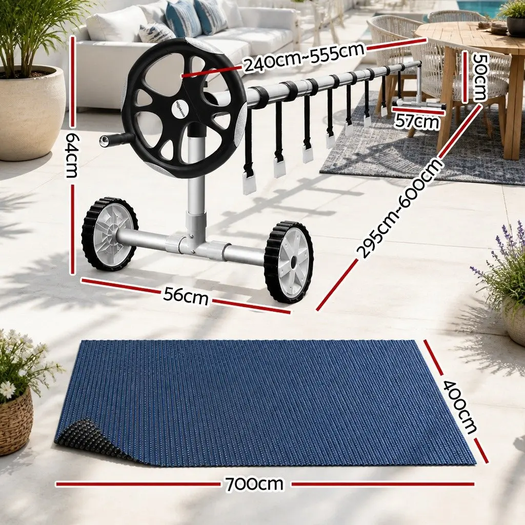 Pool Cover Solar Blanket 600 Micron 7x4m with Aluminium Roller 5.55m Adjustable