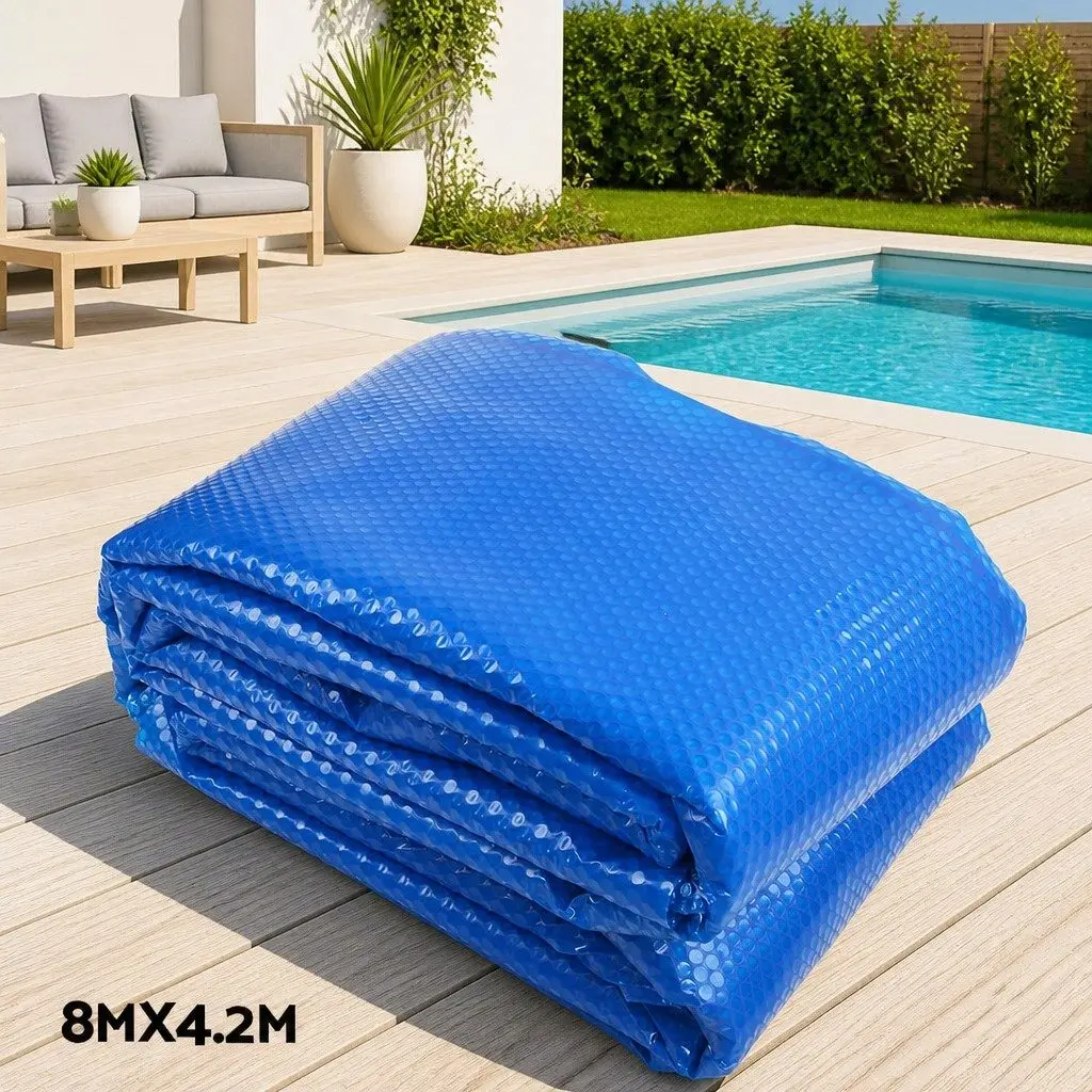 Pool Cover 8x4.2m Solar Blanket Blue Roller System 400 Micron Reduces Evaporation