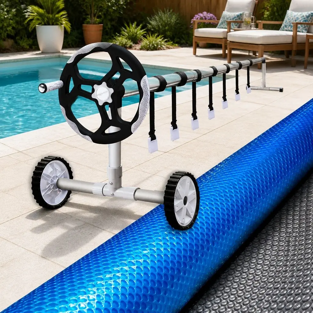 Pool Cover Solar Blanket 8m x 4.2m Blue with Aluminium Roller Kit 500 Micron