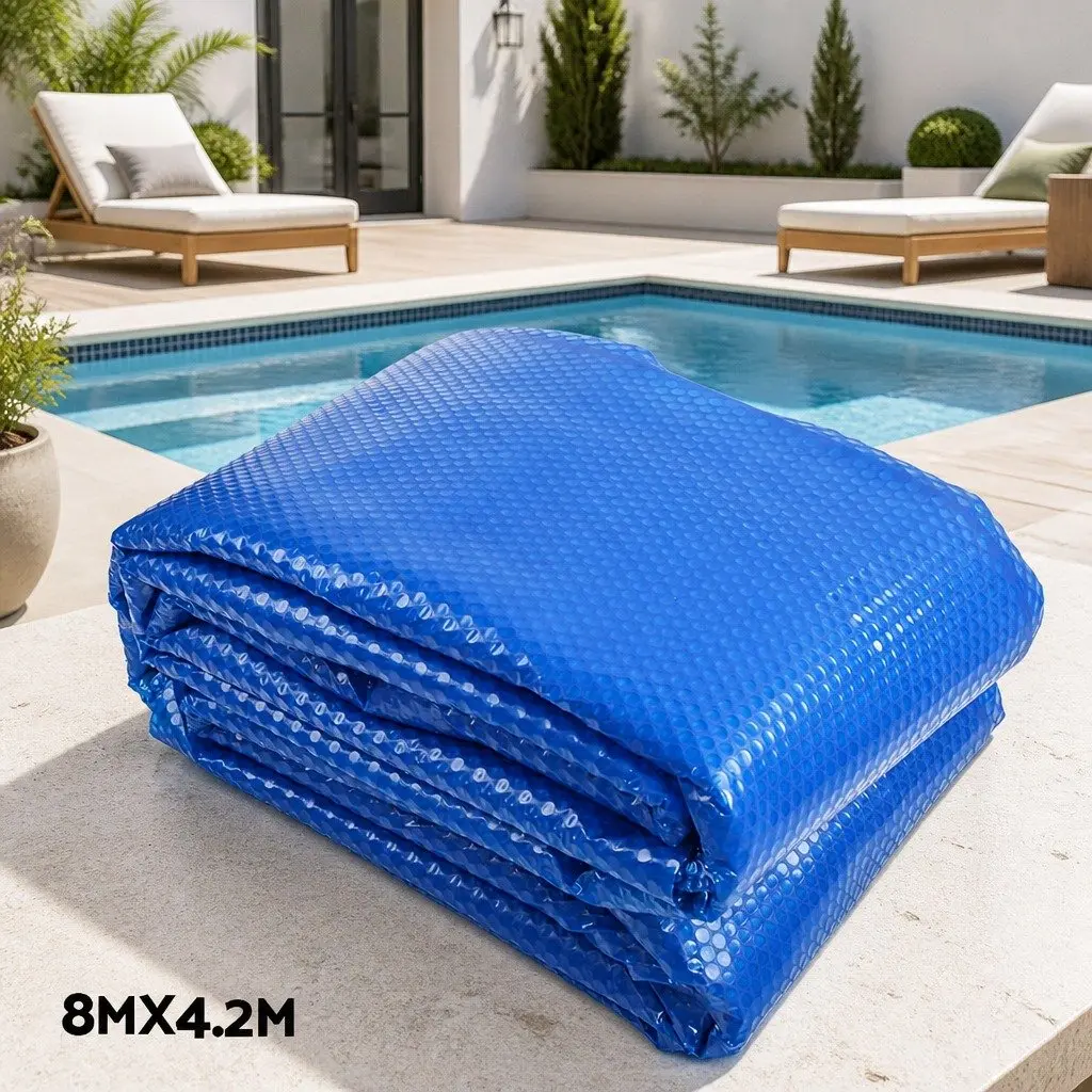 Solar Blanket Pool Cover 8m x 4.2m 400 Micron with Adjustable Aluminium Roller 5.55m Blue