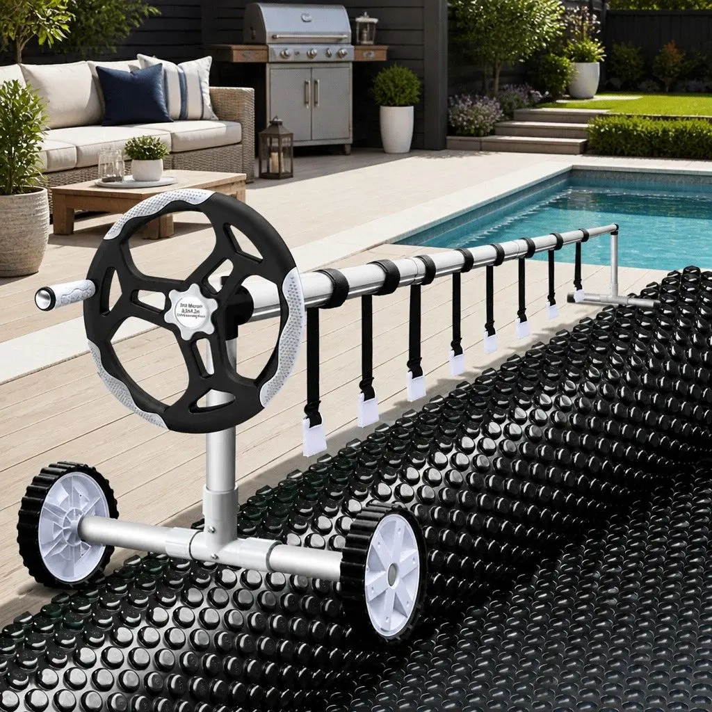 Solar Pool Cover 8.5x4.2m 600 Micron Aluminium Roller 5.55m Blue Black Silver