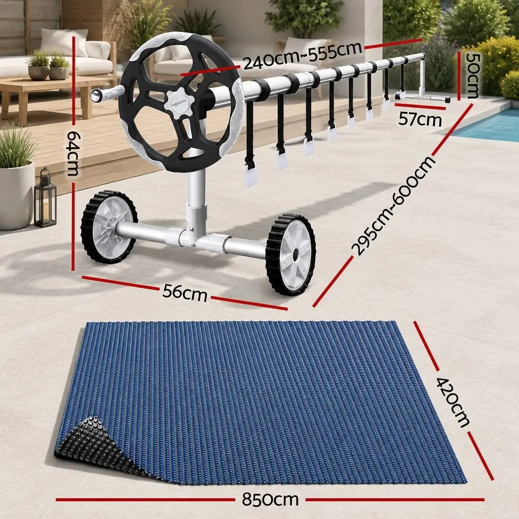 Solar Pool Cover 8.5x4.2m 600 Micron Aluminium Roller 5.55m Blue Black Silver