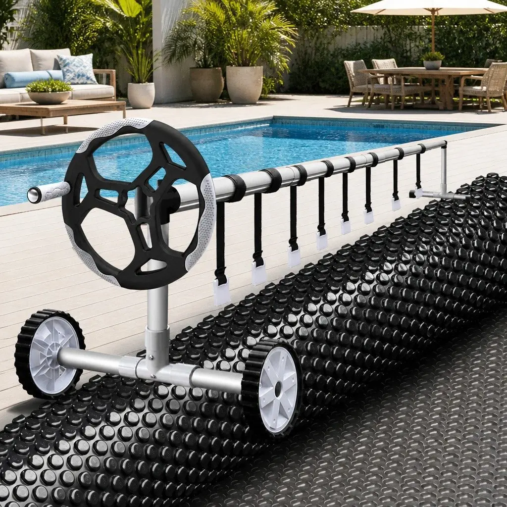Solar Pool Cover 9.5x5m 600 Micron with Aluminium Roller 5.55m Width Blue and Black