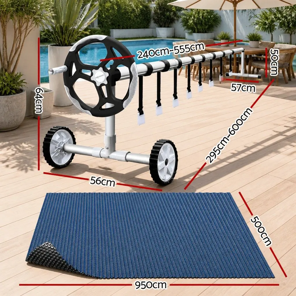 Solar Pool Cover 9.5x5m 600 Micron with Aluminium Roller 5.55m Width Blue and Black