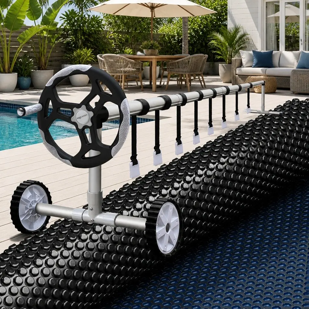 Solar Pool Cover 9.5x5m 600 Micron with Aluminium Roller 5.55m Width Blue and Black