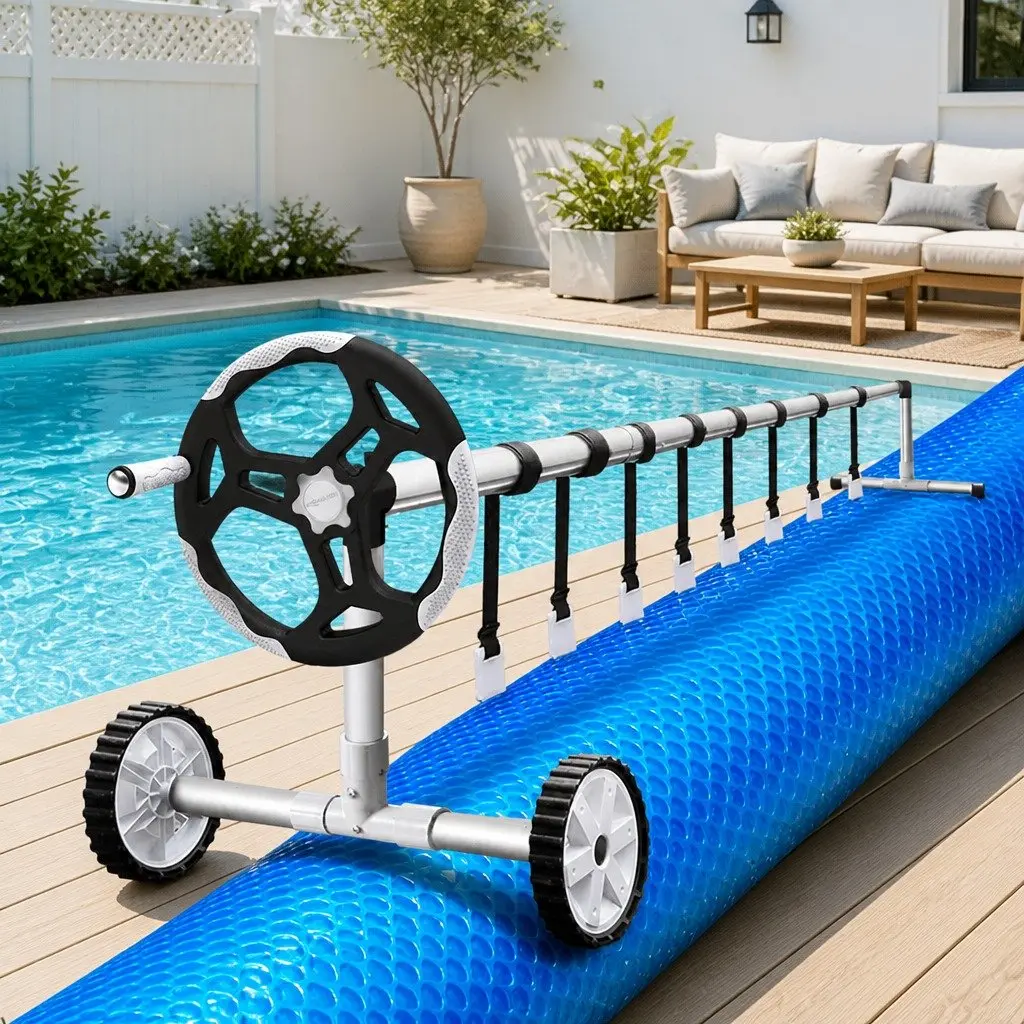 Solar Blanket Pool Cover 9.5x5m 500 Micron with Aluminium Roller and Wheels
