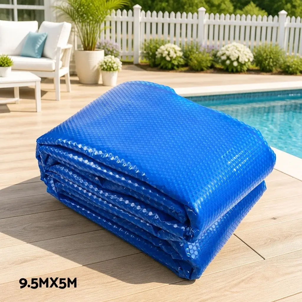 Pool Cover 9.5x5m 400 Micron Solar Blanket with Adjustable Aluminium Roller 2.95 to 6m Blue Silver