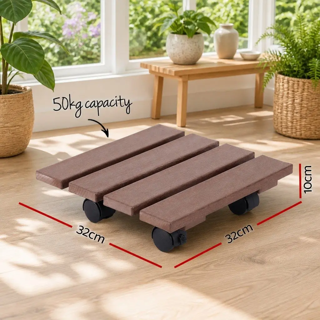 Plant Caddy Rolling Cart Lockable Wheels Pot Mover 32x32x10cm Brown 2 Piece