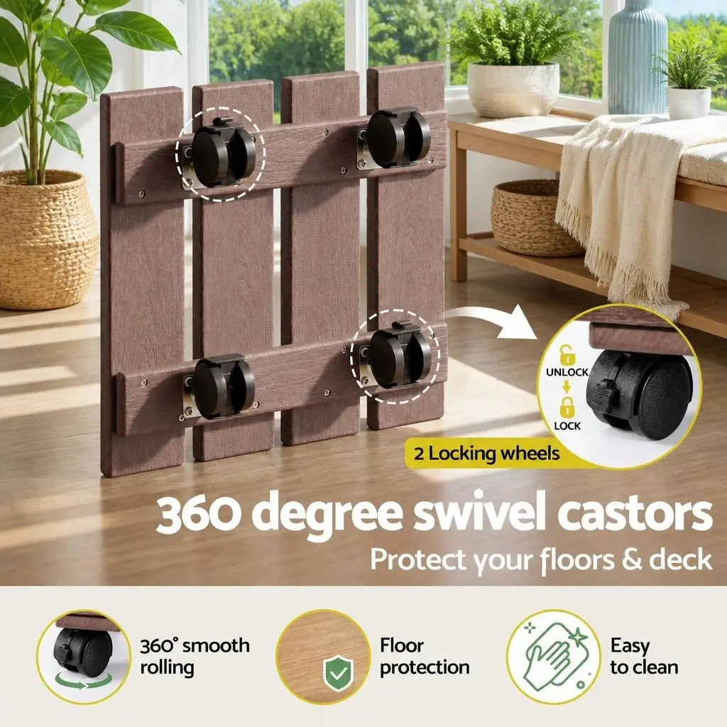 Plant Caddy Rolling Cart Lockable Wheels Pot Mover 32x32x10cm Brown 2 Piece