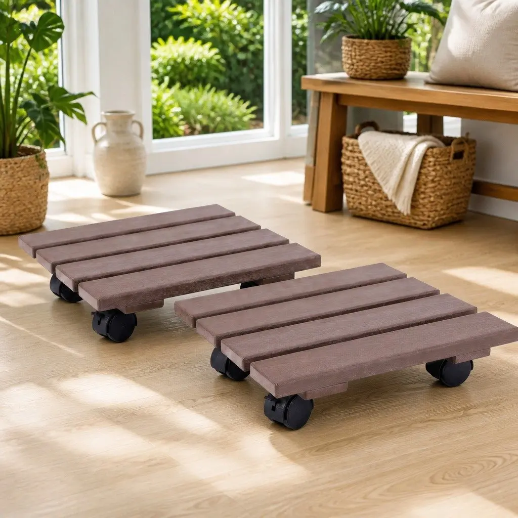 Plant Caddy Rolling Cart Lockable Wheels Pot Mover 32x32x10cm Brown 2 Piece