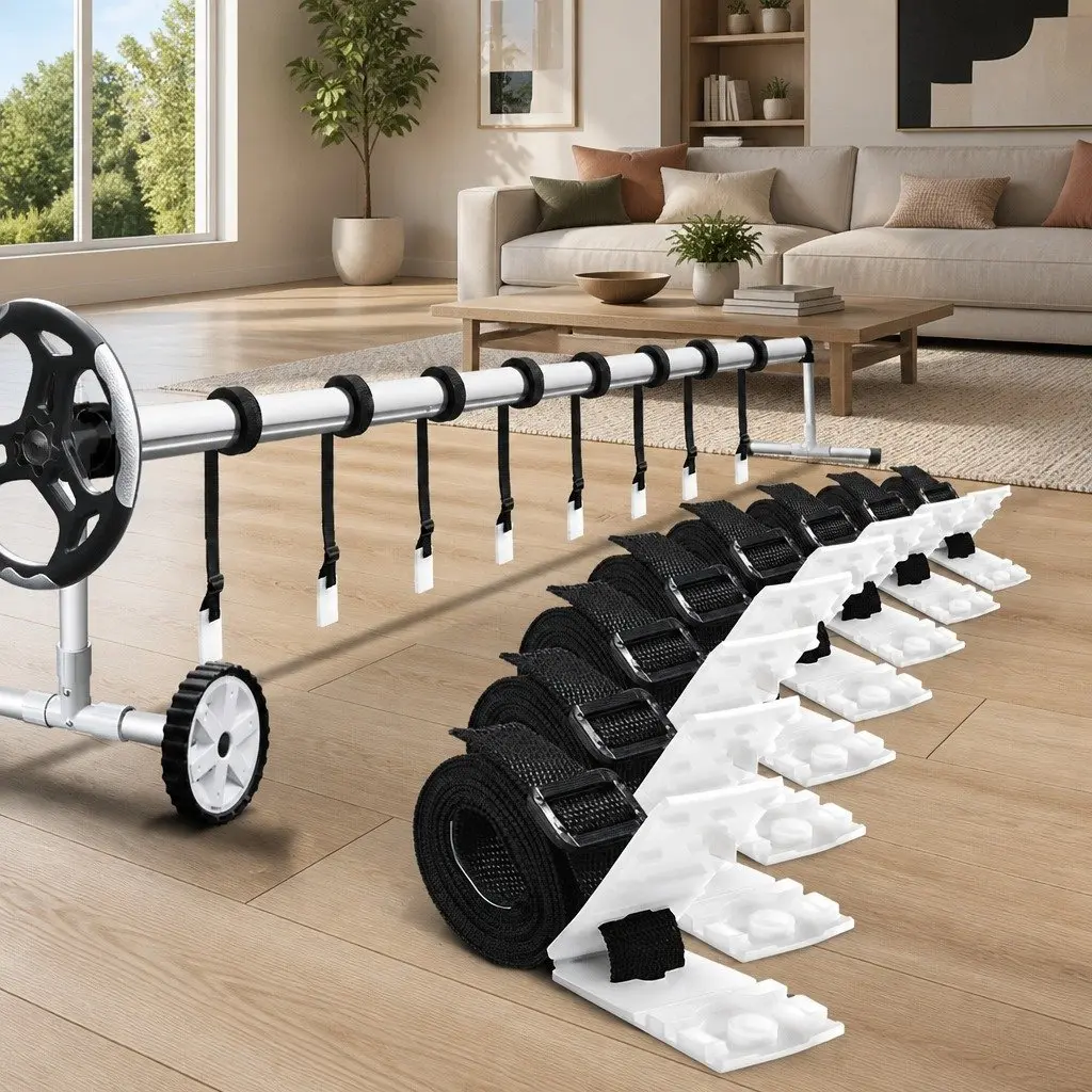Pool Cover Roller Attachment Strap Kit 8 Piece Universal Swimming Pool Reel Clip Buckle Set Black