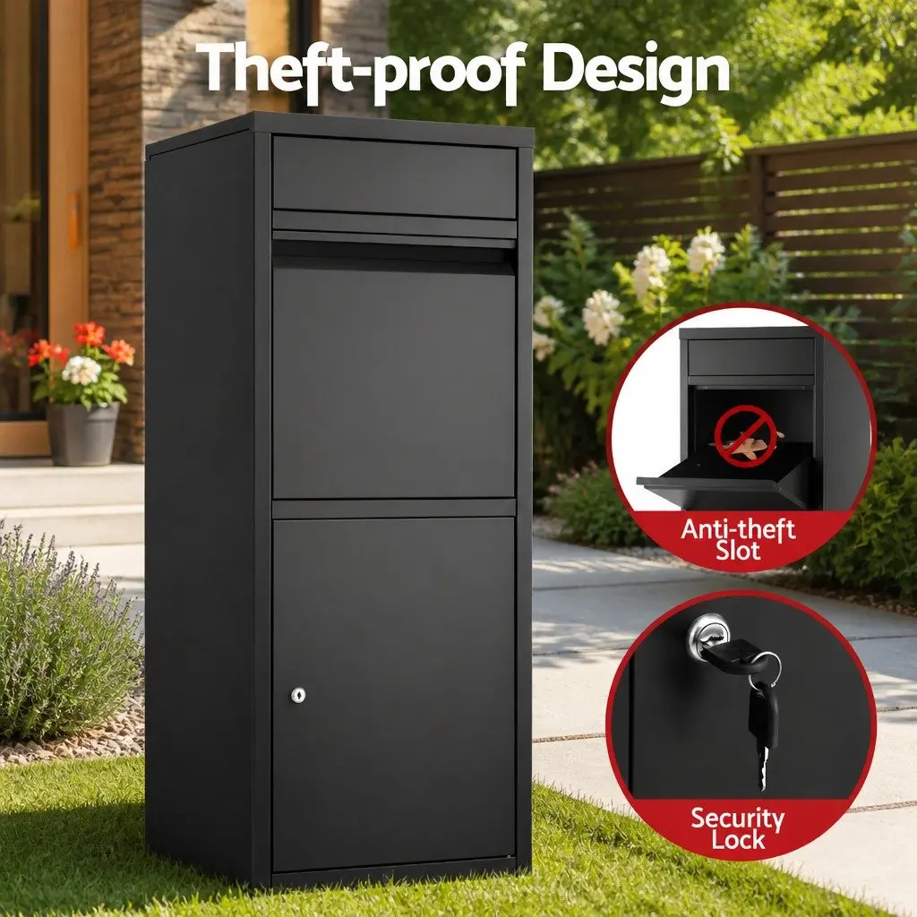 Parcel Drop Box Mailbox Large Storage 42cm x 38cm x 102cm Black Steel Frame