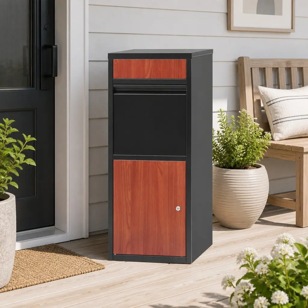 Parcel Drop Box Storage Cabinet Freestanding Black Steel 42cm x 38cm x 102cm