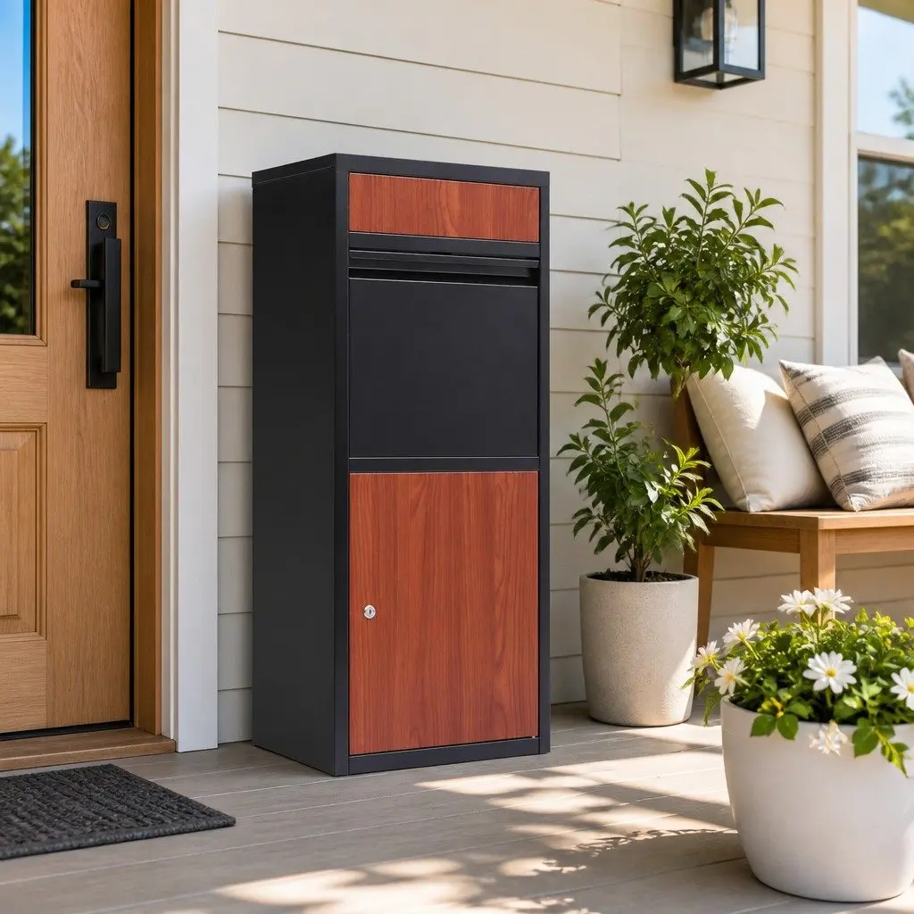 Parcel Drop Box Storage Cabinet Freestanding Black Steel 42cm x 38cm x 102cm