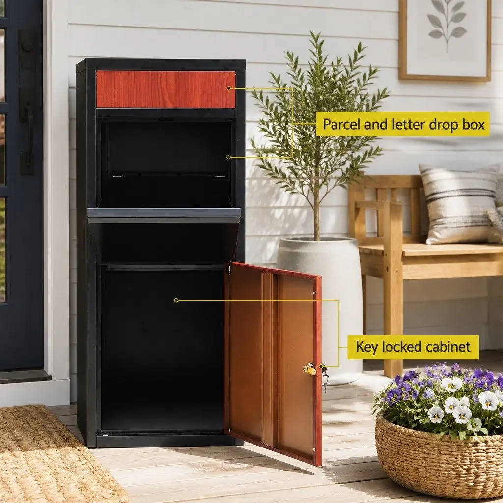 Parcel Drop Box Storage Cabinet Freestanding Black Steel 42cm x 38cm x 102cm