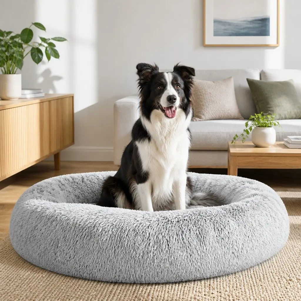 Dog Bed Calming Extra Large 110cm Soft Plush Charcoal Non-Slip Base