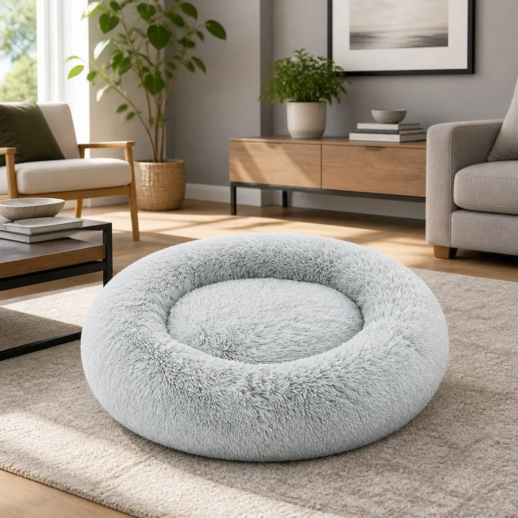 Large Dog Cat Pet Bed 90cm Soft Plush Washable Light Grey