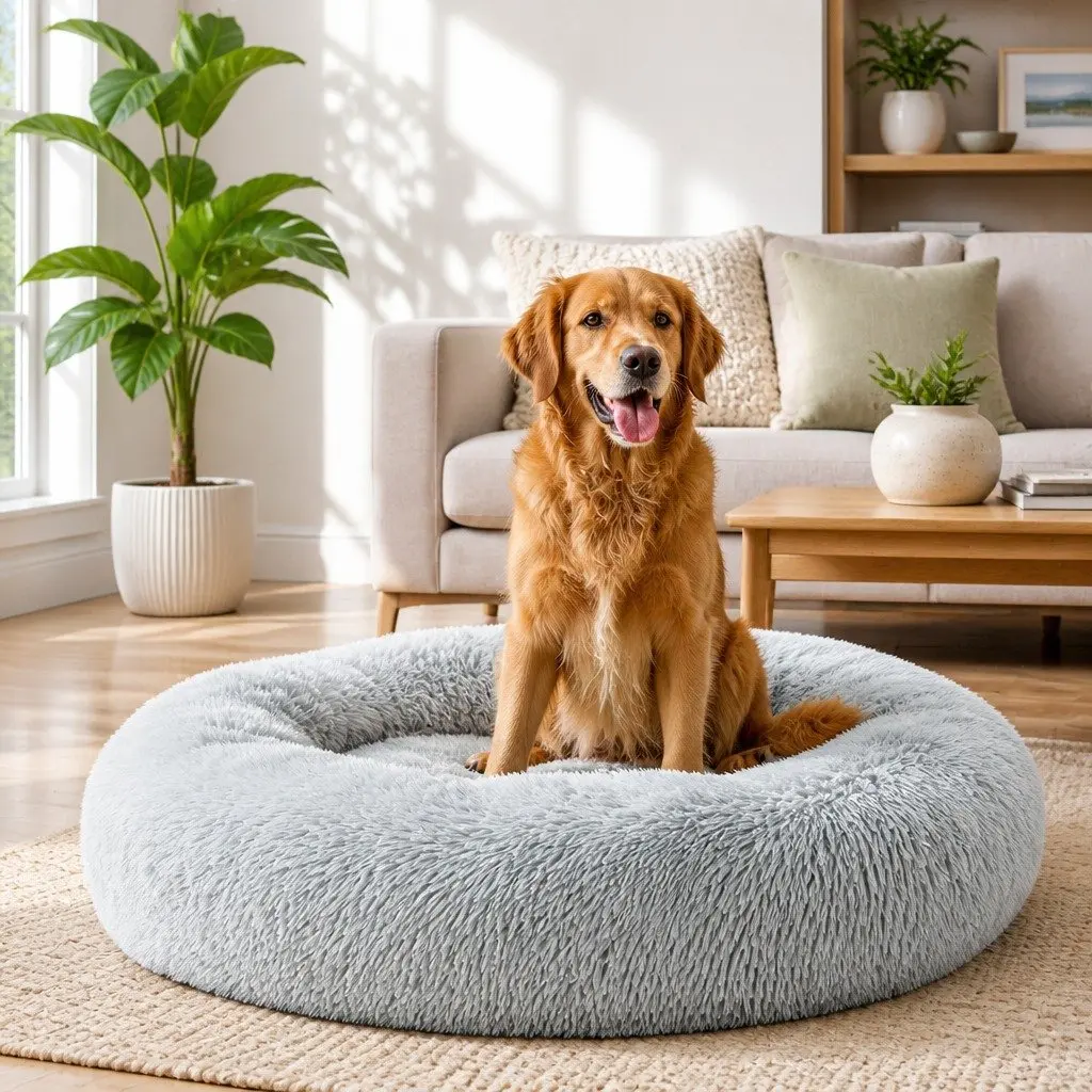 Large Dog Cat Pet Bed 90cm Soft Plush Washable Light Grey