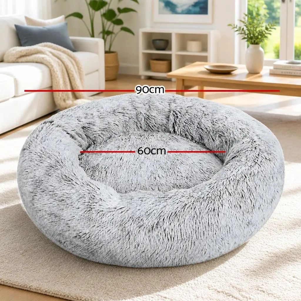 Pet Bed Large Soft Plush Calming 90cm Light Charcoal Washable Non-slip Base for Dogs and Cats