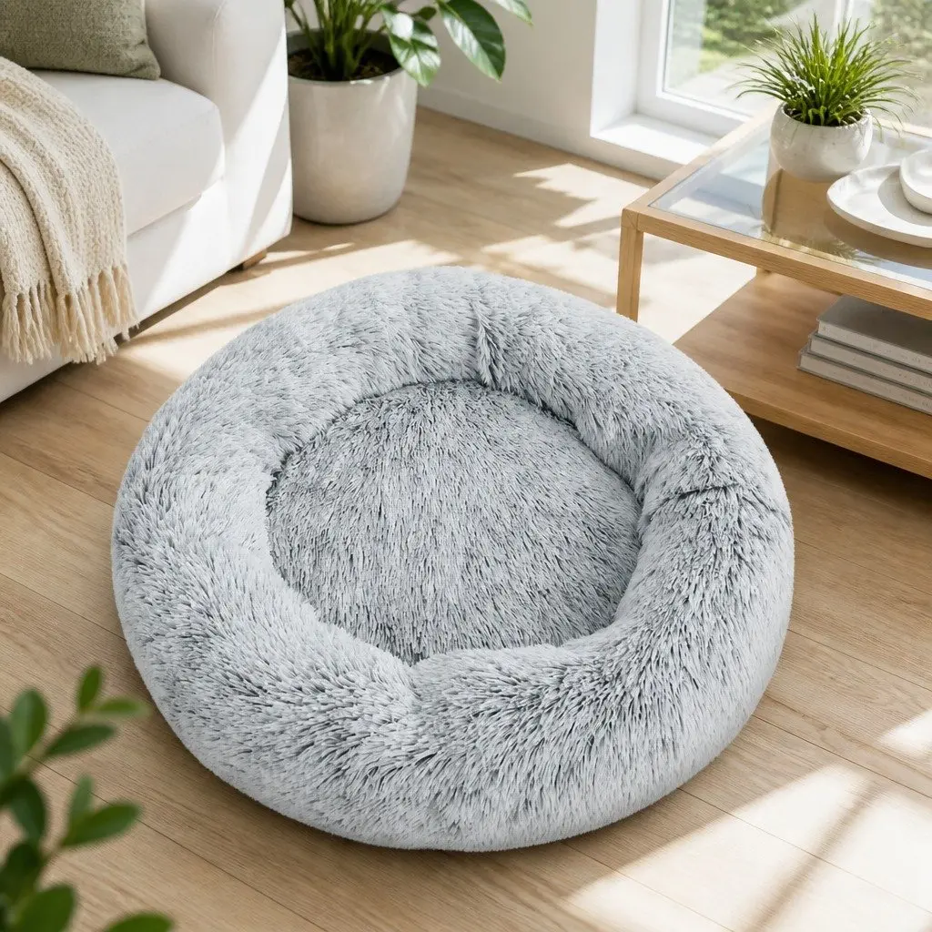 Pet Bed Large Soft Plush Calming 90cm Light Charcoal Washable Non-slip Base for Dogs and Cats