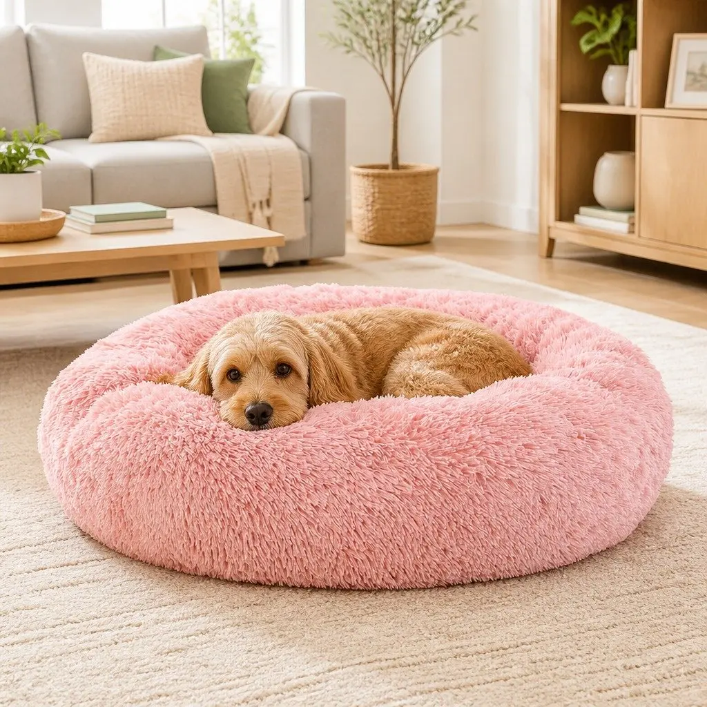 Large Pet Bed Soft Plush 90cm Pink Non-Slip Washable Cover