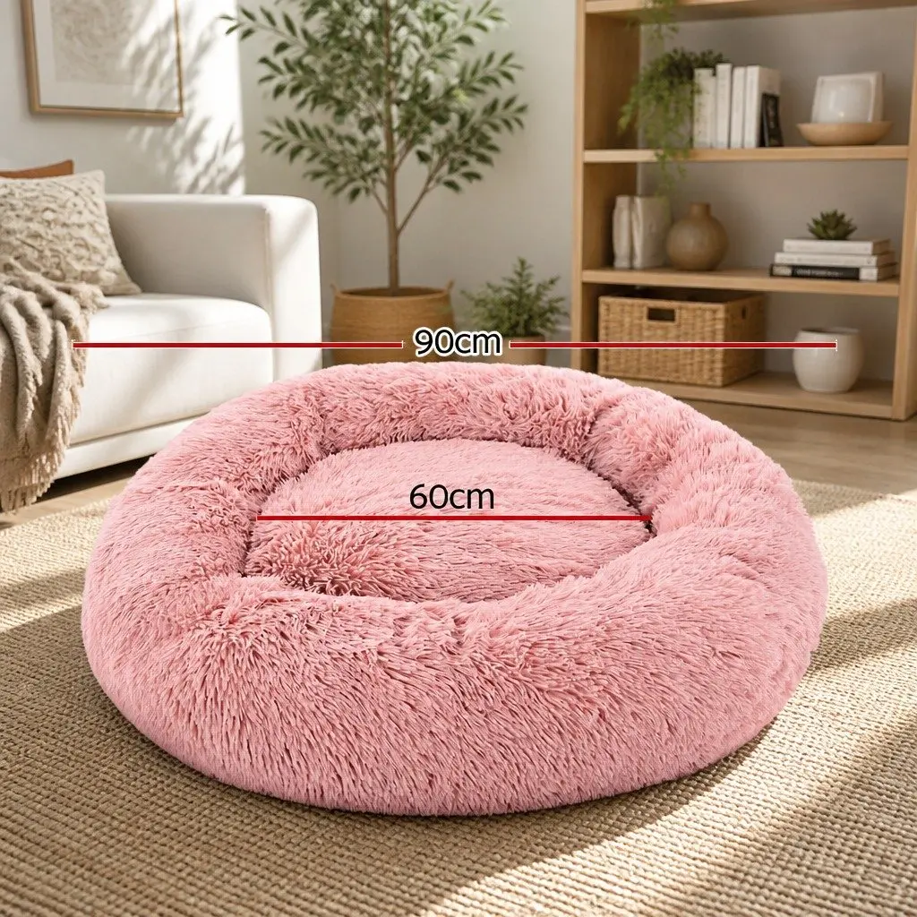 Large Pet Bed Soft Plush 90cm Pink Non-Slip Washable Cover