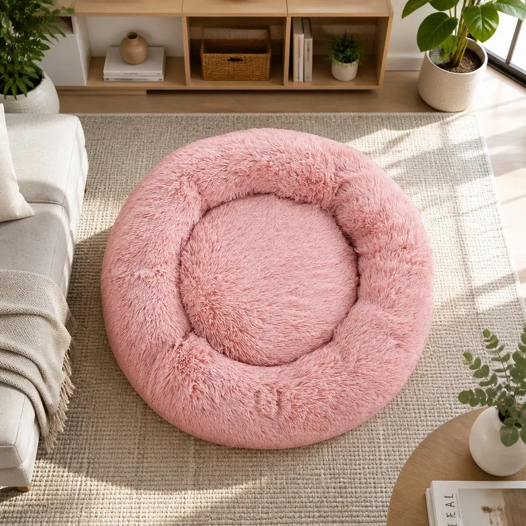 Large Pet Bed Soft Plush 90cm Pink Non-Slip Washable Cover
