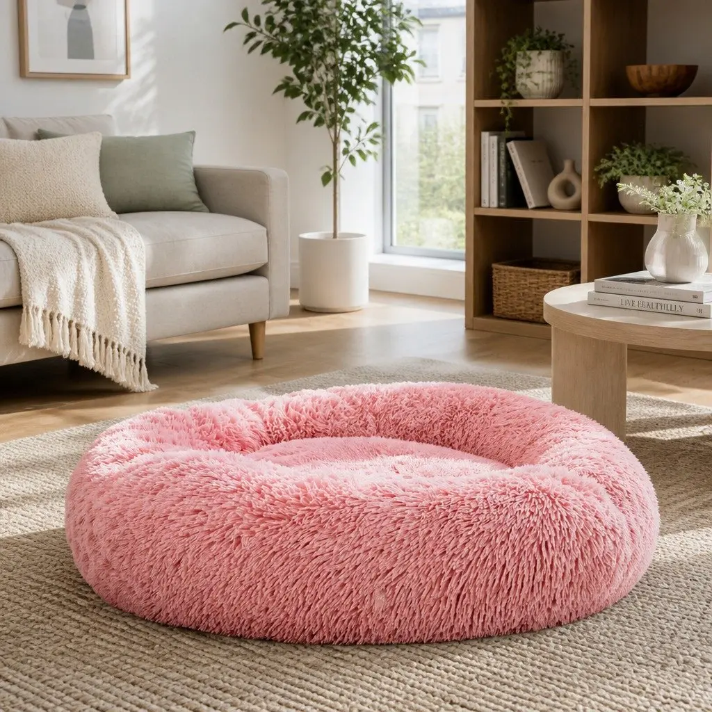 Large Pet Bed Soft Plush 90cm Pink Non-Slip Washable Cover