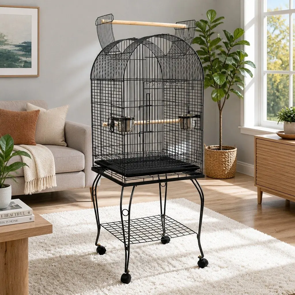 Large Bird Cage Aviary 150cm Black Parrot Dome Wrought Iron Enclosure Stand