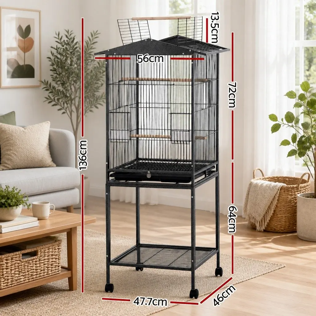 Bird Cage Aviary Open Top Parrot Budgie Stand 136cm Wheels Black Storage Shelf