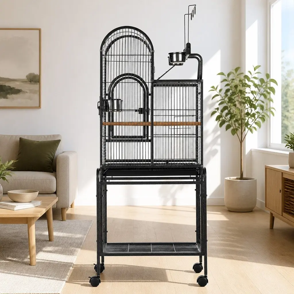 Large Bird Cage Aviary 152.5cm Black Metal Frame Portable Wheels Multiple Doors