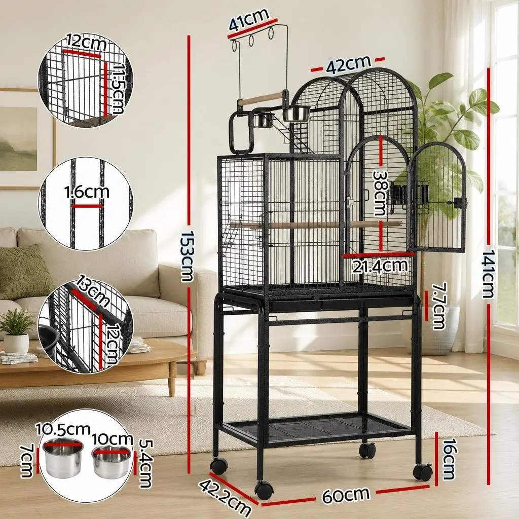 Large Bird Cage Aviary 152.5cm Black Metal Frame Portable Wheels Multiple Doors