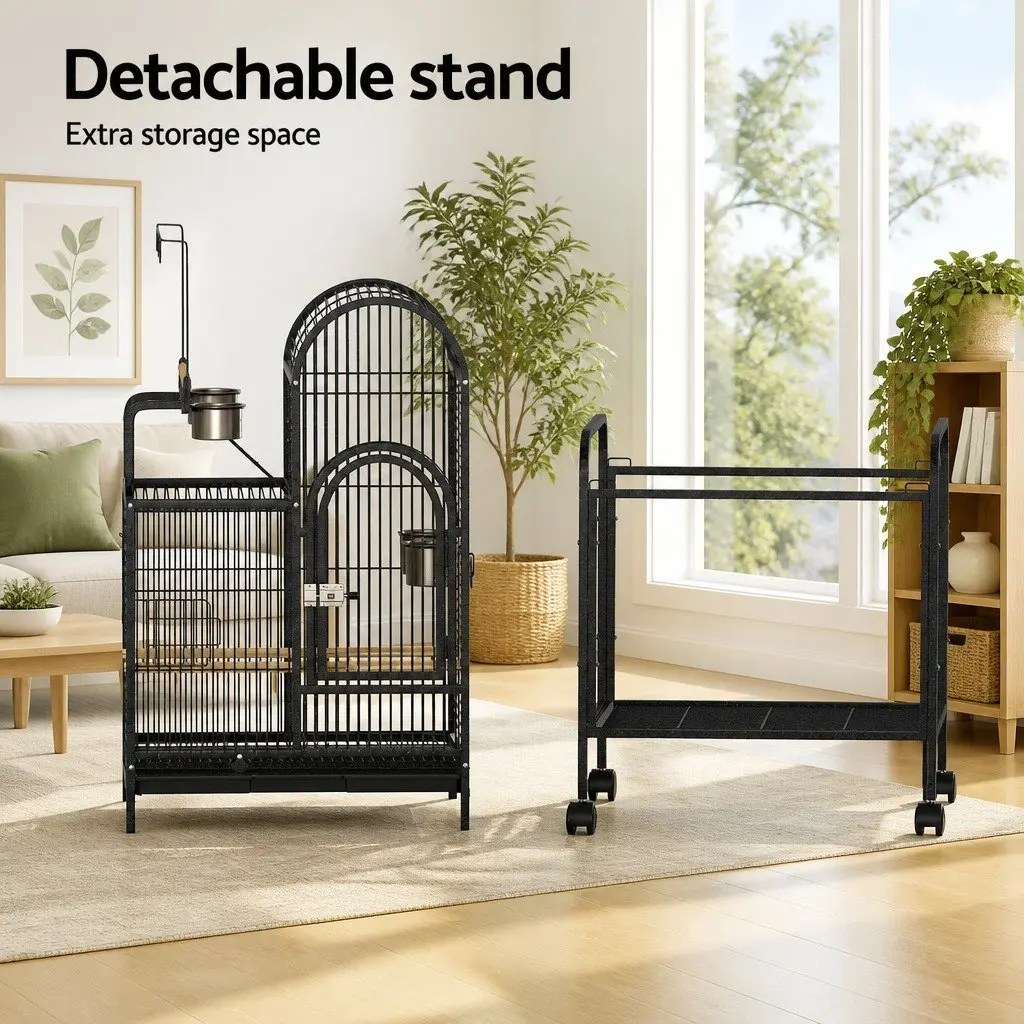 Large Bird Cage Aviary 152.5cm Black Metal Frame Portable Wheels Multiple Doors
