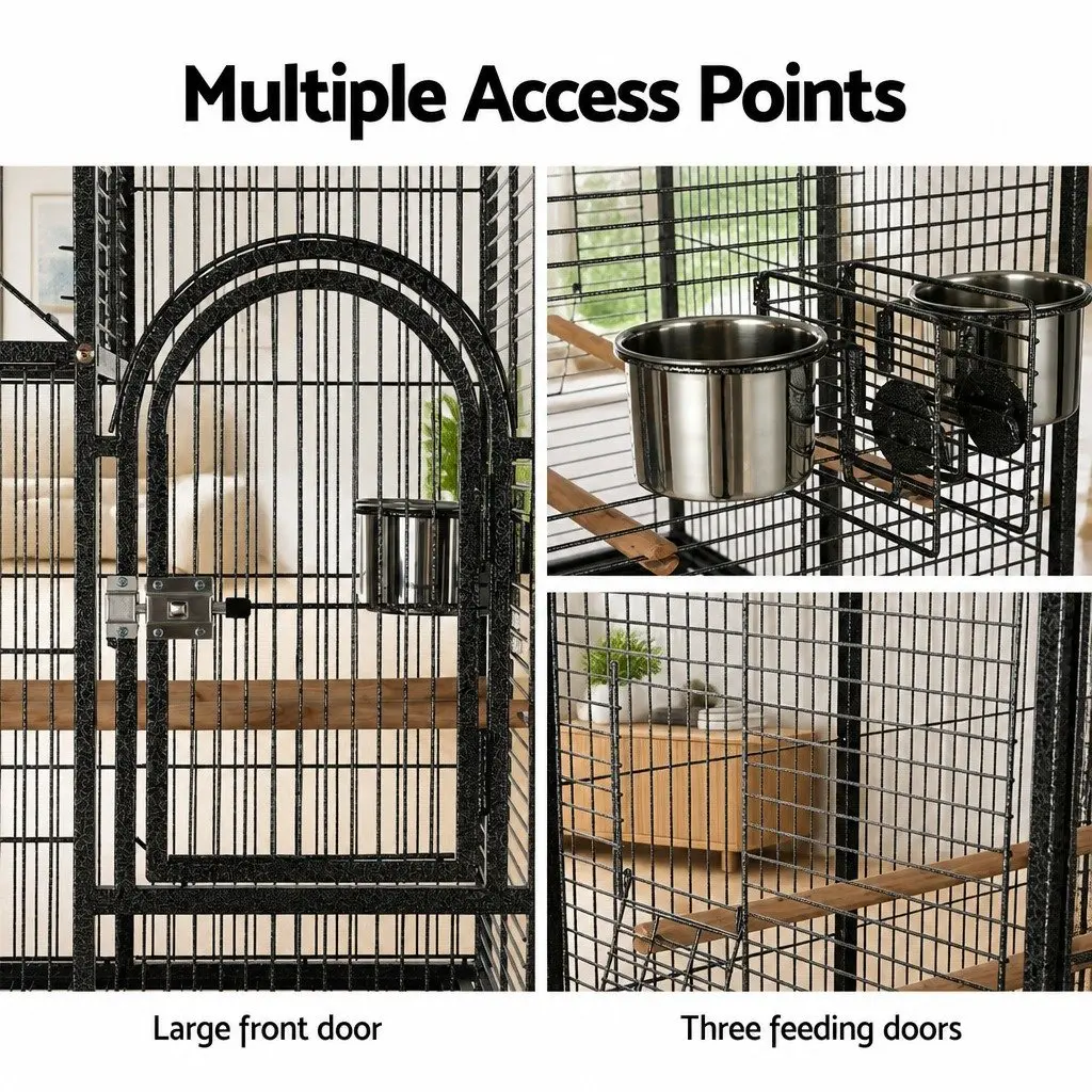 Large Bird Cage Aviary 152.5cm Black Metal Frame Portable Wheels Multiple Doors