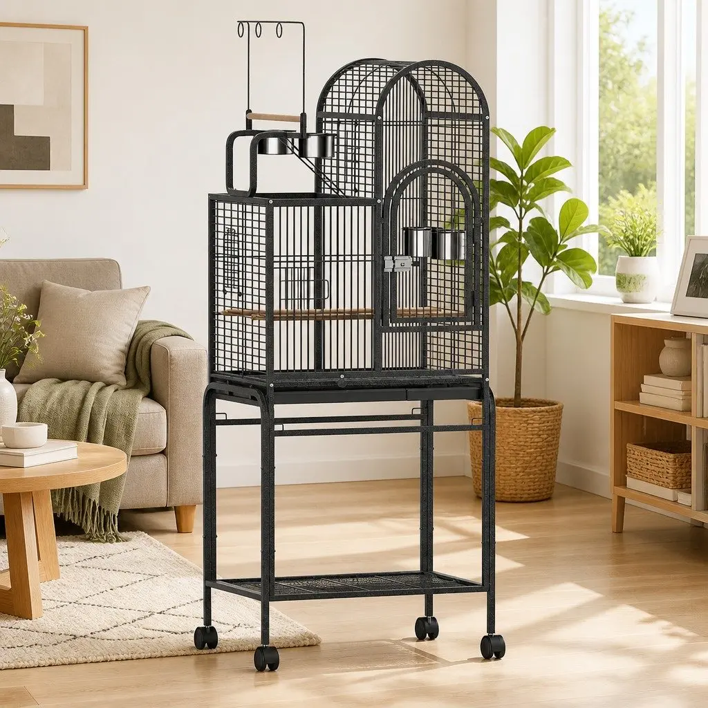 Large Bird Cage Aviary 152.5cm Black Metal Frame Portable Wheels Multiple Doors