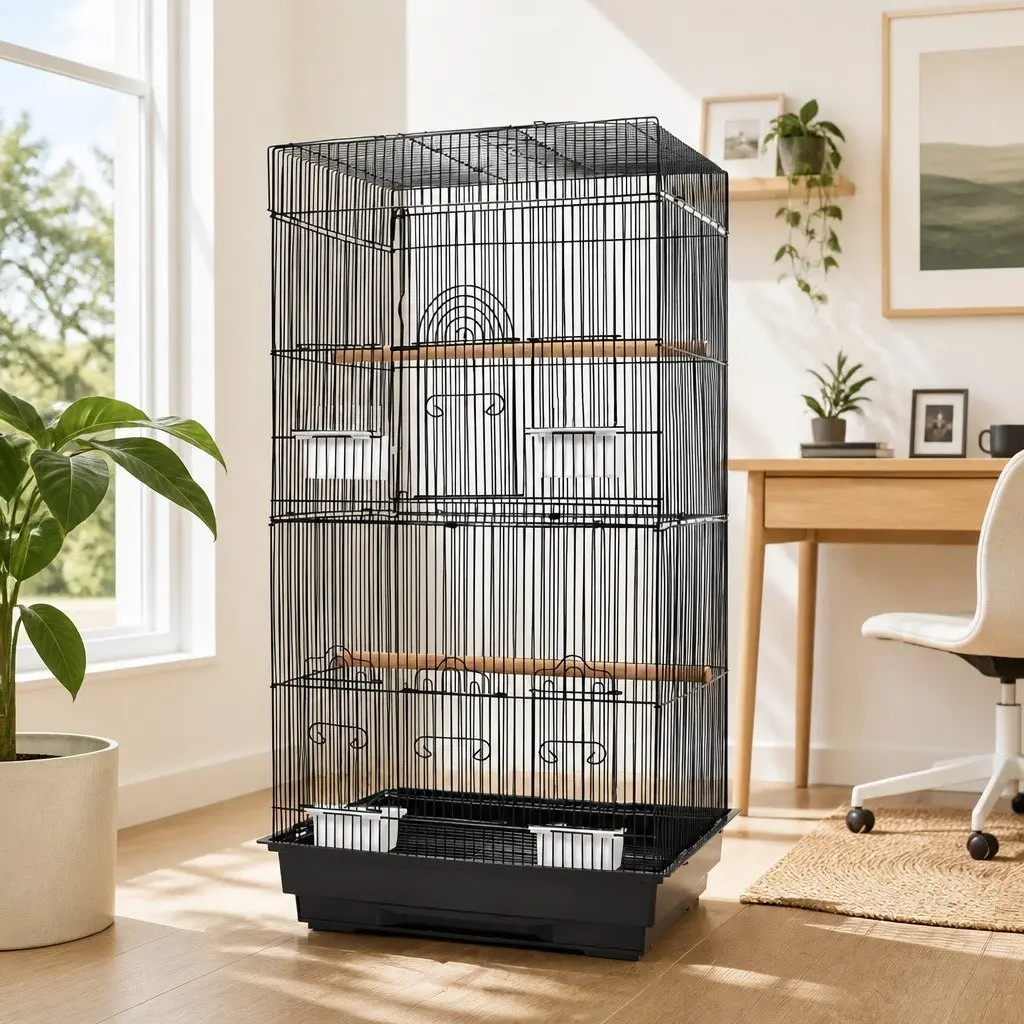 Bird Cage 88cm Large Aviary Black Wrought Iron Perches Feeders Easy Assemble
