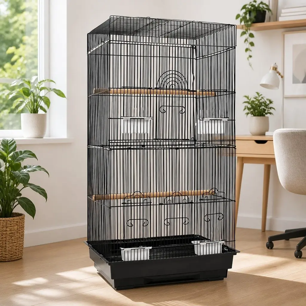 Bird Cage 88cm Large Aviary Black Wrought Iron Perches Feeders Easy Assemble