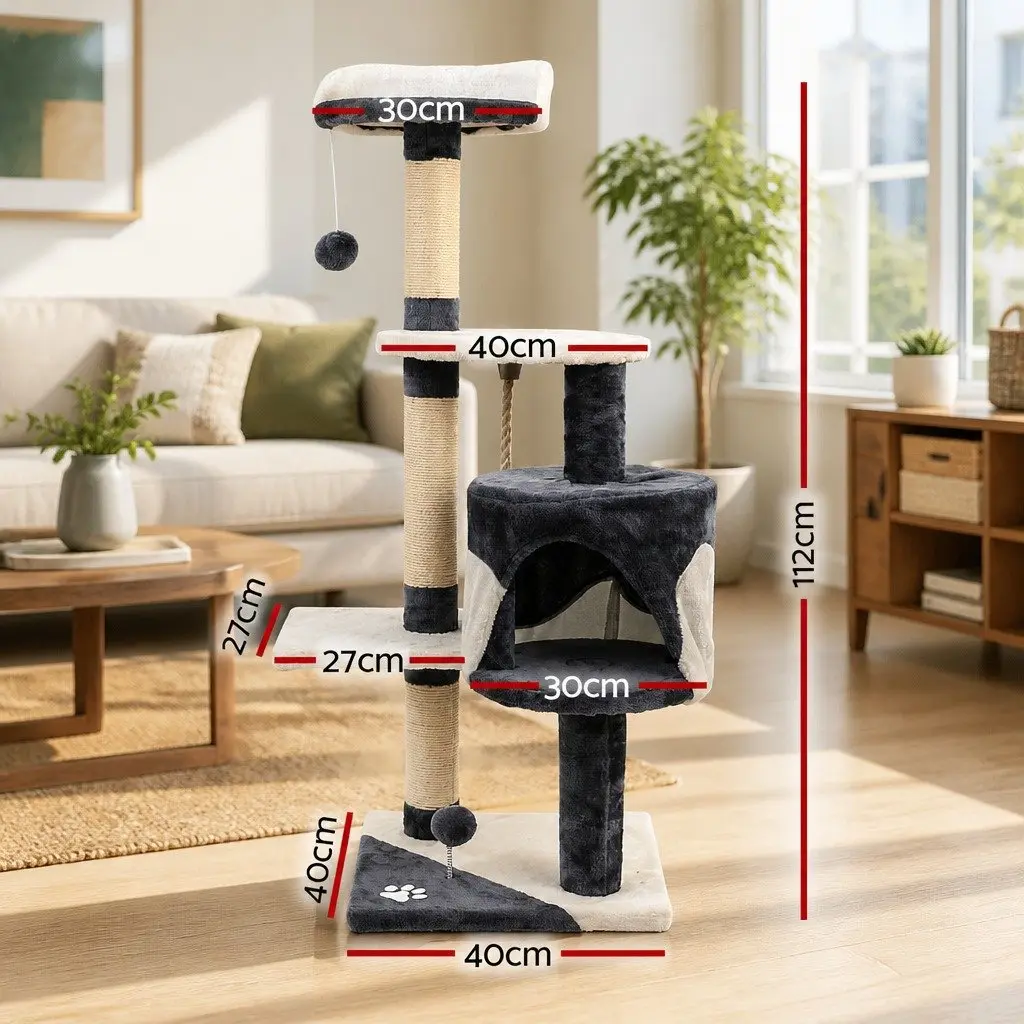 Cat Tree Scratching Post 112cm Tall Multi-Level Play House Grey