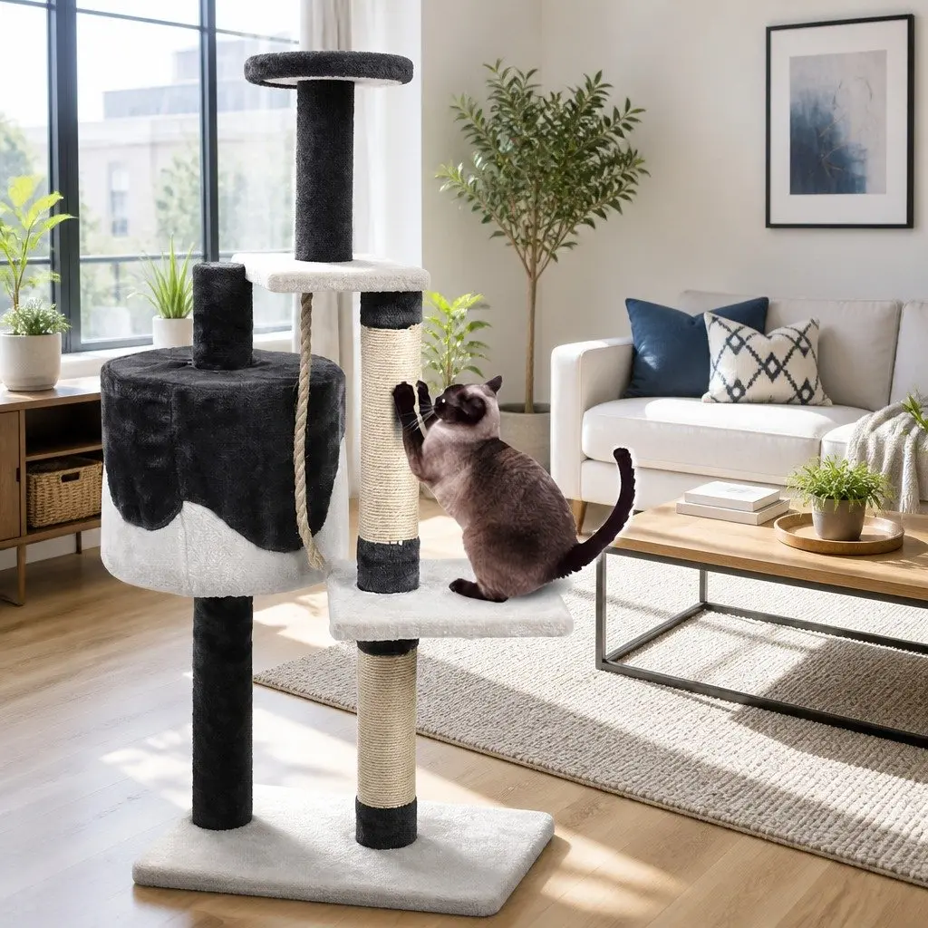 Cat Tree Scratching Post 112cm Tall Multi-Level Play House Grey