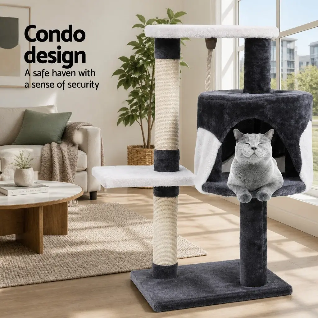 Cat Tree Scratching Post 112cm Tall Multi-Level Play House Grey