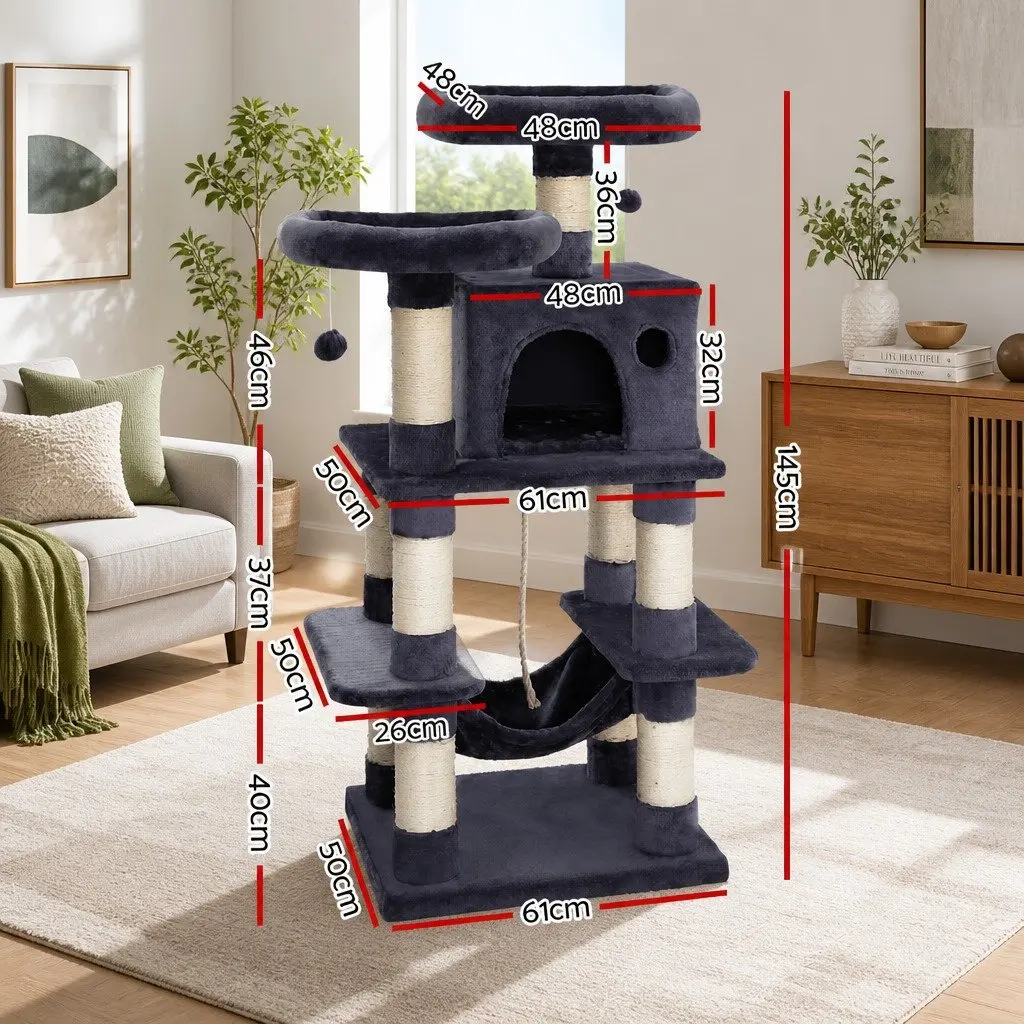 Cat Tree Multi-Level Scratching Post Condo House 145cm Grey