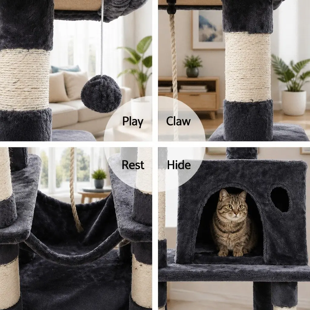Cat Tree Multi-Level Scratching Post Condo House 145cm Grey