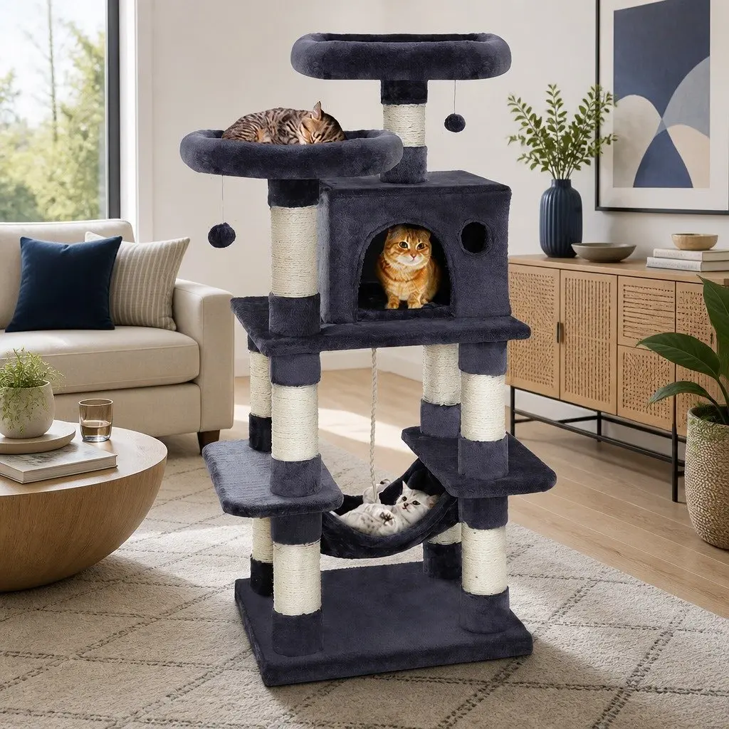 Cat Tree Multi-Level Scratching Post Condo House 145cm Grey