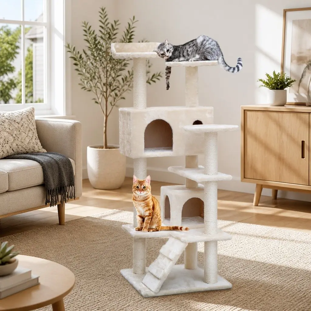 Cat Tree Multi-Level Scratching Post Condo House Bed 134cm Beige Wooden